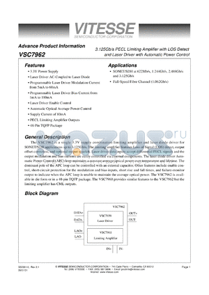 VSC7962W datasheet - 3.125Gb/s PECL limiting amplifier with LOS detect and laser diode with automatic power control