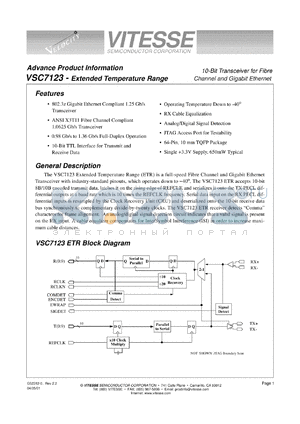 VSC7123RD2 datasheet - 10-bit transceiver for fibre channel and Gigabit ethernet. 3.3V power supply voltage