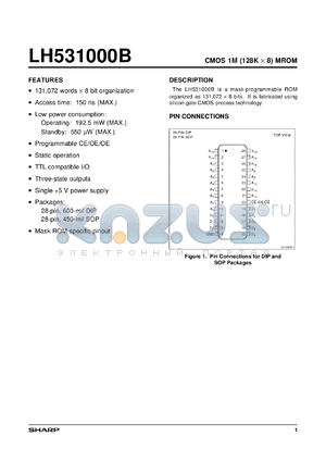 LH531000BD datasheet - LH531000BD CMOS 1M (128K x 8) Mask Programmable ROM  28-pin DIP