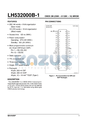 LH532000BTR-1 datasheet - LH532000BTR-1 CMOS 2M (256K x 8) Mask Programmable ROM  48-pin TSOP