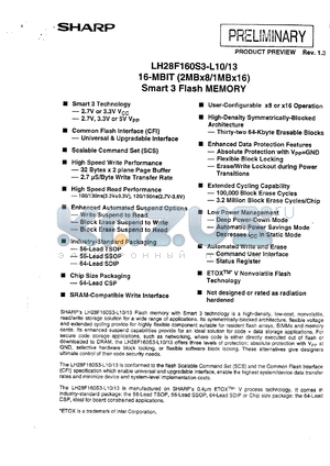 LH28F160S3HR-L150 datasheet - LH28F160S3HR-L150 16MBIT (2MB x 8/1MB x 16)Smart 3 Flash Memory 56 pin TSOP