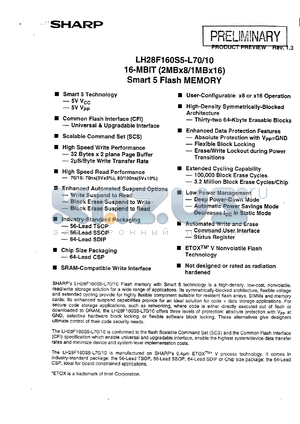 LH28F160S5D-L10 datasheet - LH28F160S5D-L10 16MBIT (2MB x 8/1MB x 16)Smart 5 Flash Memory