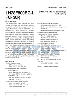 LH28F800BGN-BL85 datasheet - 8M-bit(512KB x 16)smart voltage  Flash Memory