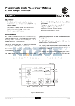 SA9607PPA datasheet - Programmable single phase energy metering IC with tamper detection