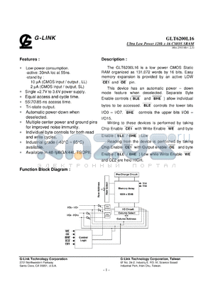 GLT6200L16LLI-85TC datasheet - 85ns; Ultra low power 128K x 16 CMOS SRAM