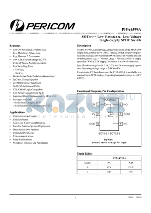 PI5A4599ATX datasheet - Low resistance, low-voltage single-supply SPDT switch
