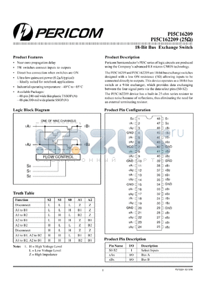 PI5C162209V datasheet - 18-bit bus exchange switch