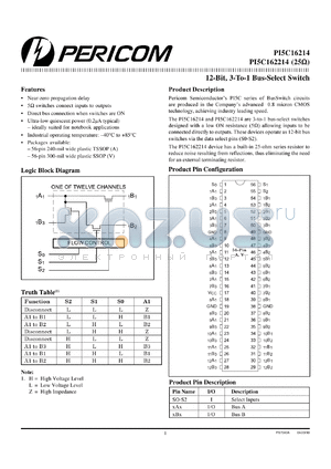 PI5C16214A datasheet - 12-bit,3-to-1 bus-select switch