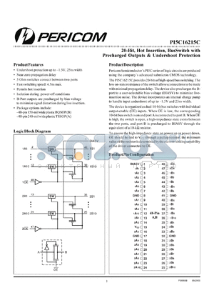 PI5C162215CA datasheet - 20-bit,hot insertion,bus switch with precharged outputs & undershoot protection