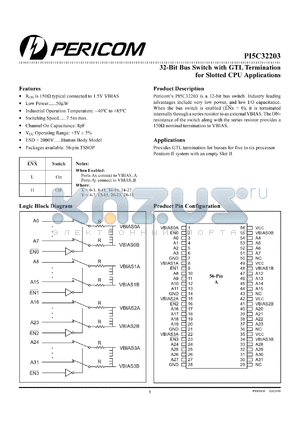 PI5C32203A datasheet - 32-bit bus switch with GTL termination for slotted CPU applications