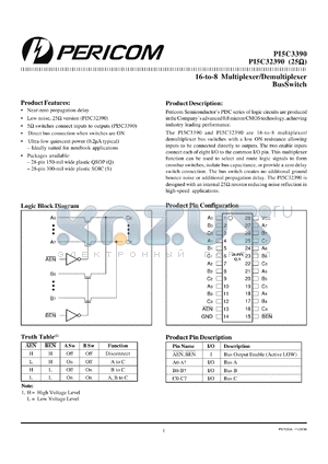 PI5C32390S datasheet - 16-to-8 multiplexer/demultiplexer bus switch