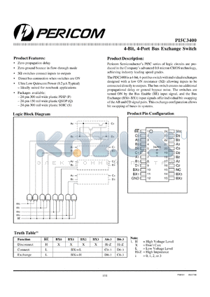 PI5C3400P datasheet - 4-bit,4-port bus exchange switch