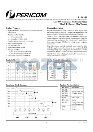 PI5V331W datasheet - Low ON resistance wideband/video dual 4-channel mux/demux