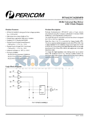 PI74ALVC162834FDV datasheet - 18-bit universal bus driver with 3-state outputs