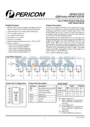 PI74FCT273TL datasheet - Fast CMOS octal D flip-flop with master reset