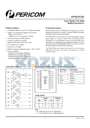 PI74LPT241S datasheet - Fast CMOS 3.3V 8-bit buffer/line driver