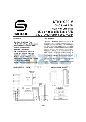 5962-9232404MYA datasheet - CMOS nvSRAM high performance 8K x 8 nonvolatile static RAM