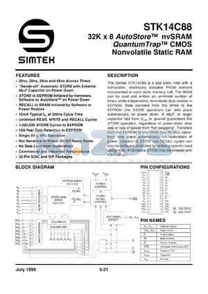 STK14C88-N20 datasheet - 32K x 8 autostore nvRAM quantum trap CMOS nonvolatile static RAM