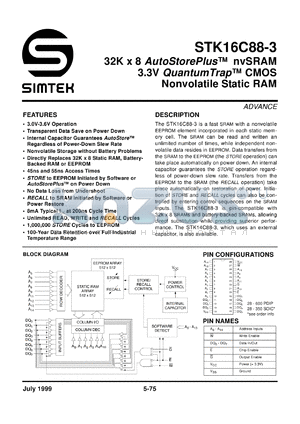 STK16C88-W55I datasheet - 32K x 8 autostore plus nvRAM 3.3V quantum trap CMOS nonvolatile static RAM