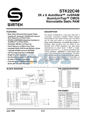 STK22C48-P25 datasheet - 2K x 2 autostore nvRAM quantum trap CMOS nonvolatile static RAM