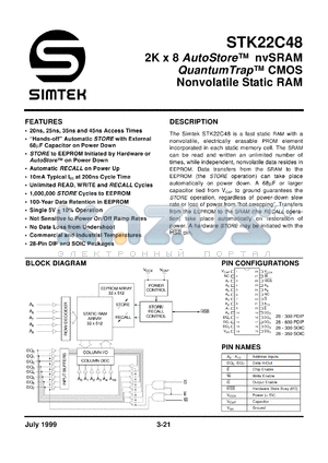 STK22C48-P35I datasheet - 2K x 2 autostore nvRAM quantum trap CMOS nonvolatile static RAM