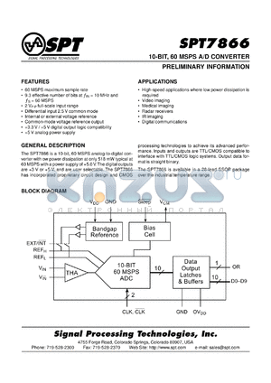 SPT7866SIR datasheet - 10-bit, 60 MSPS A/D converter