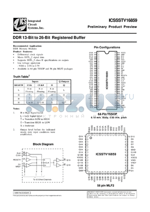 ICSSSTV16859K datasheet - DDR 13-bit to 26-bit registered buffer