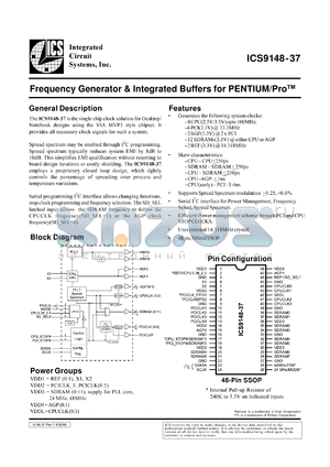 ICS9148F-37-T datasheet - Frequency generator and integrated buffers for Pentium/PRO