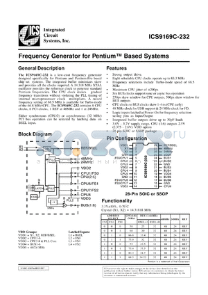 ICS9169CM-22 datasheet - Frequency generator for Pentium based system