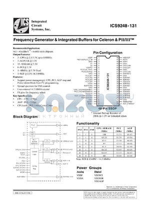 ICS9248F-131-T datasheet - Frequency generator and integrated buffer for Celeron and PII/III
