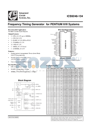 ICS9248F-134-T datasheet - Frequency timing generator for Pentium II/III system