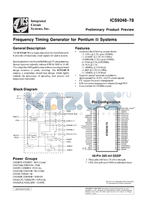 ICS9248F-78 datasheet - Frequency timing generator  for Pentium II system