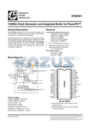 ICS9341F datasheet - 133MHz clock generator  and integrated buffer for  powerPC