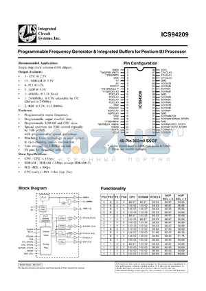 ICS94209F-T datasheet - Programmable frequency generator and integrated buffer for Pentium III processor
