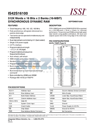 IS42S16100-7T datasheet - 512K words x 16 bits x 2 banks(16-MBIT)synchronous graphics RAM