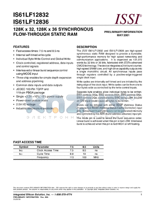 IS61LF12836-8.5B datasheet - 128K x 32, 128K x 36 synchronous flow-through static RAM