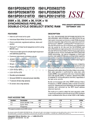 IS61SPD25632T-150TQ datasheet - 256K x 32 synchronous pipeline, double-cycle deselect  static RAM