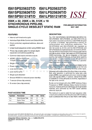 IS61LPS51218D-133TQI datasheet - 512K x 18 synchronous pipeline, single-cycle deselect  static RAM