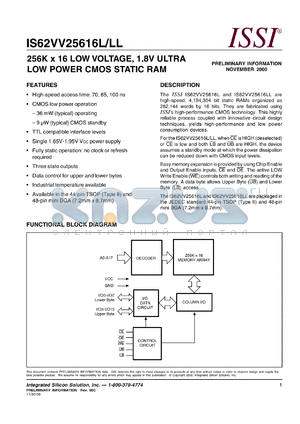 IS62VV25616L-70M datasheet - 256K x 16 low voltage, 1.8V ultra-low power CMOS static RAM