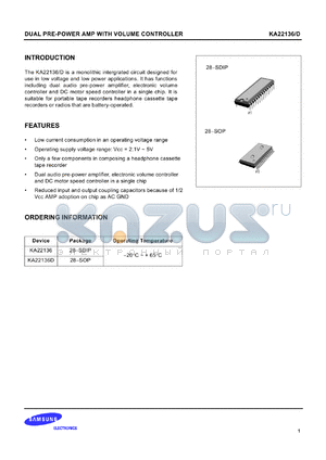 KA22136D datasheet - Dual pre-power AMP with volume controller