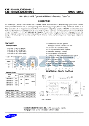 K4E170811D-B datasheet - 2M x 8 bit CMOS dynamic RAM with extended data out. Supply voltage 5V, 4K refresh cycle.