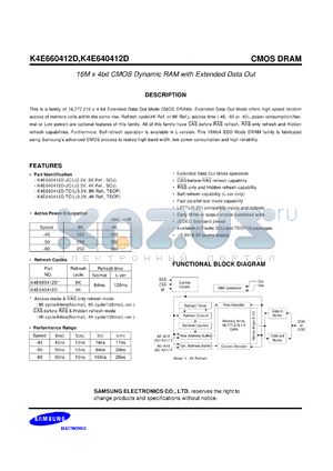 K4E640412D-JC/L datasheet - 16M x 4 bit CMOS dynamic RAM with extended data out. 3.3V, 4K refresh cycle.