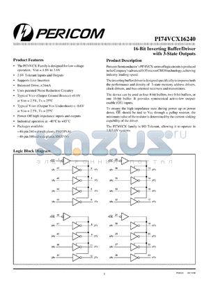 PI74VCX16240V datasheet - 16-bit inverting buffer/driver with 3-state outputs