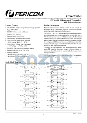 PI74VCX16245A datasheet - 2.5V 16-bit bidirectional transceiver with 3-state outputs