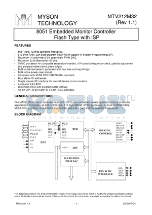 MTV212MN32 datasheet - 8051 embedded monitor controller flash type with ISP