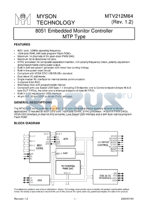 MTV212MS64 datasheet - 8051 embedded monitor controller MTP type