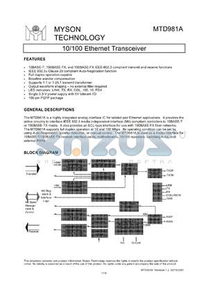 MTD981AF datasheet - 10/100 ethernet transceiver