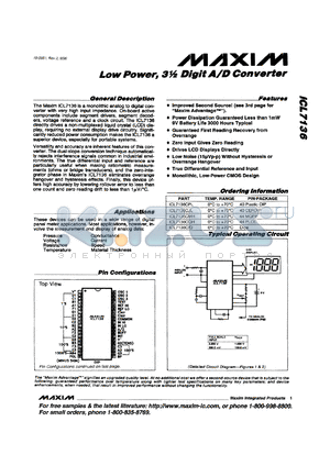 ICL7136CJI datasheet - Low power, 3-1/2 digit A/D converter