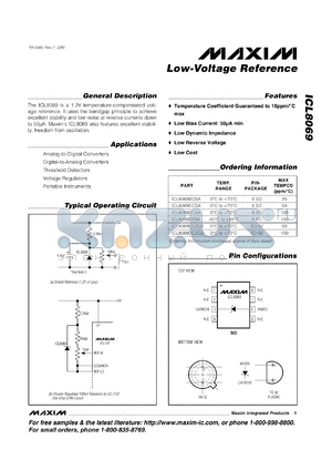ICL8069BCZQ2 datasheet - Low-voltage reference, 25 ppm/C - max temp. coefficient.