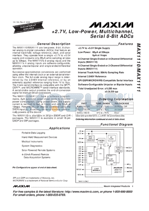 MAX1110CCP datasheet - 2.7 V, low-power, multichannel, serial 8-bit ADC. 8-channel single-ended or 4-channel differential inputs